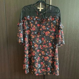 Forever 21 Contemporary - Chiffon/Lace Ruffled Floral Dress. Small. Black Multi